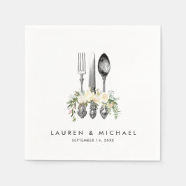 Bestek ivoor bloemengroen bruiloft servetten