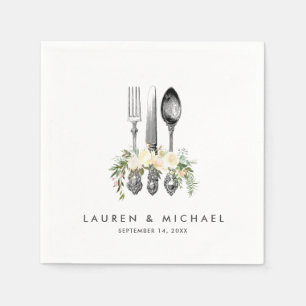 Bestek ivoor bloemengroen bruiloft servetten