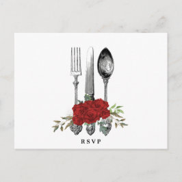 Bestek rode bloemen bruiloft RSVP briefkaart
