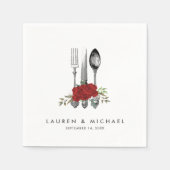 Bestek Rode Rozen Bloemengroen bruiloft servetten (Voorkant)