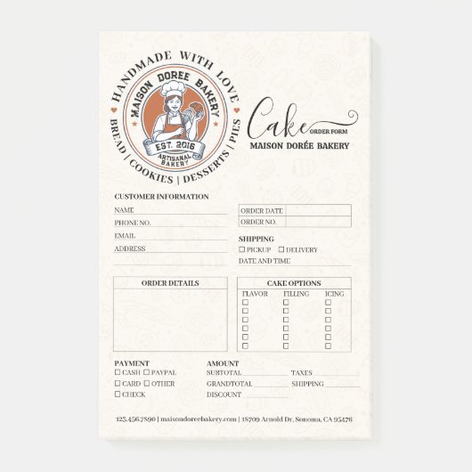 Bestelformulier voor bakkerijwinkel patissier taar post-it® notes (Voorkant)
