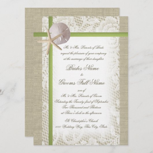 Bestemming Beach Burlap en kant bruiloft Kaart (Voorkant / Achterkant)