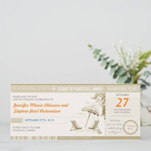 Bestemming Boarding Pass Tickets Sla de datum op Save The Date (Staand voorkant)