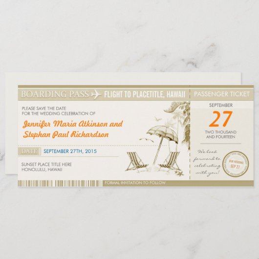 Bestemming Boarding Pass Tickets Sla de datum op Save The Date (Voorkant / Achterkant)