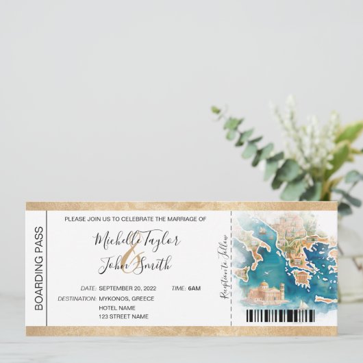 Bestemming Bruiloft Boarding Pass Griekenland Kaart (Staand voorkant)