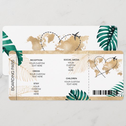 Bestemming Bruiloft Boarding Pass Hart Details Kaart (Voorkant / Achterkant)