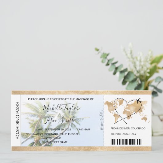 Bestemming Bruiloft Boarding Pass Hart Vliegtuig P Kaart (Staand voorkant)