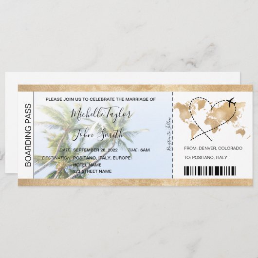 Bestemming Bruiloft Boarding Pass Hart Vliegtuig P Kaart (Voorkant / Achterkant)