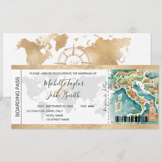 Bestemming Bruiloft Boarding Pass Italië Kaart (Voorkant / Achterkant)