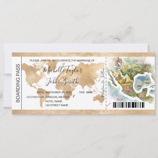 Bestemming Bruiloft Boarding Pass Mexico Kaart (Voorkant)