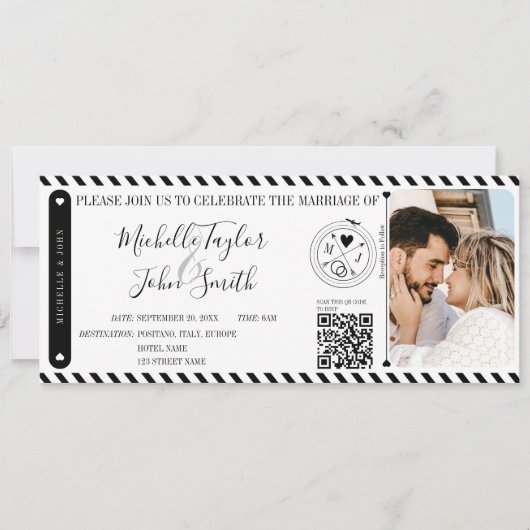 Bestemming Bruiloft Boarding Pass Ticket QR Code Kaart (Voorkant)