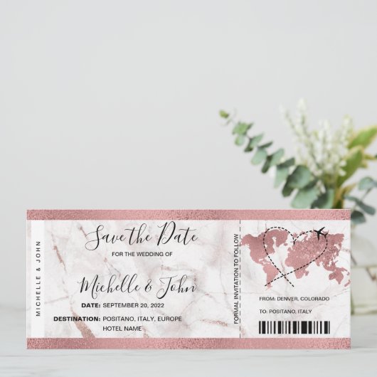 Bestemming Bruiloft Boarding Pass Ticket Roos Gold Kaart (Staand voorkant)