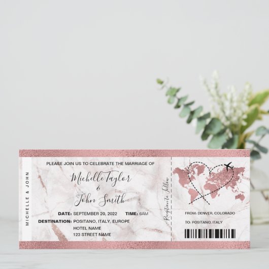 Bestemming Bruiloft Boarding Pass Ticket Roos Gold Kaart (Staand voorkant)