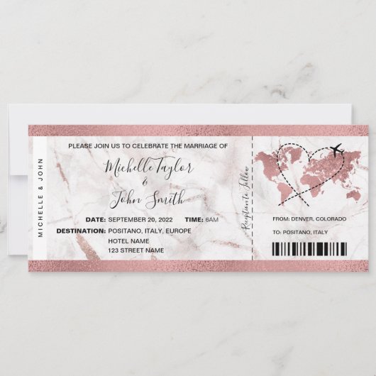 Bestemming Bruiloft Boarding Pass Ticket Roos Gold Kaart (Voorkant)