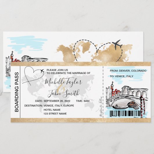 Bestemming Bruiloft Boarding Pass Venetië Italië Kaart (Voorkant / Achterkant)