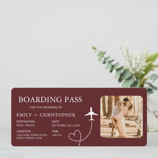 Bestemming Bruiloft Boarding Pass Vliegticket (Staand voorkant)