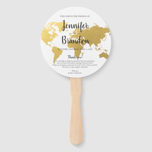 Bestemming bruiloft goud wereld bruiloft programma handwaaier (Voorkant)