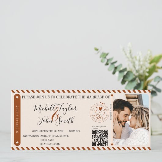 Bestemming Bruiloft Sinaasappel Boarding Pass QR-c Kaart (Staand voorkant)