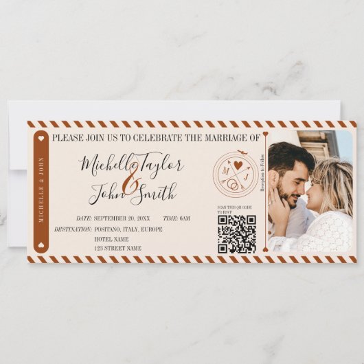 Bestemming Bruiloft Sinaasappel Boarding Pass QR-c Kaart (Voorkant)