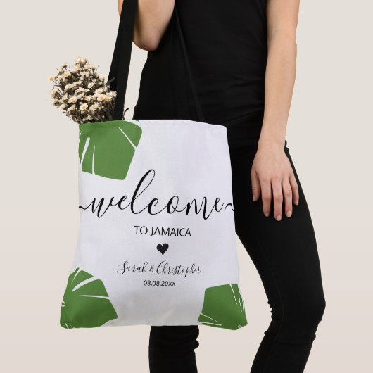 Bestemming Bruiloft Welkomsttas Tropische bladeren Tote Bag (Dichtbij)