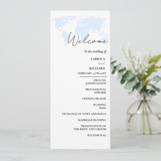 Bestemming Dusty Blue Wedding Program Kaart (Staand voorkant)