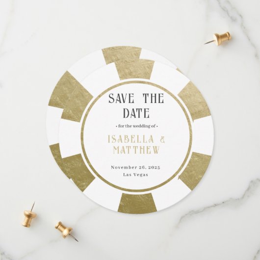 Bestemming Huwelijk Gouden Poker Chip Save The Date (Voorkant / Achterkant in situ)