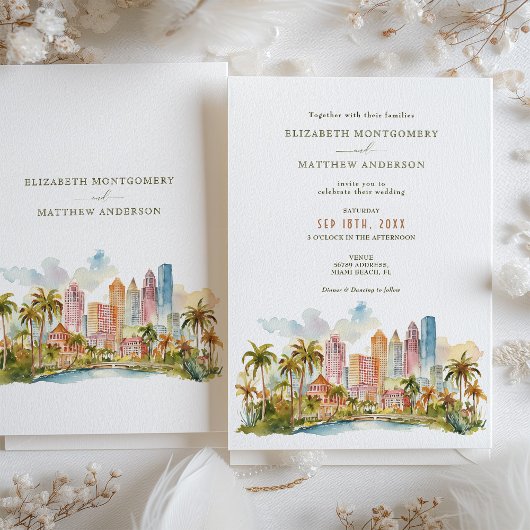 Bestemming Miami Beach met waterverf skyline Kaart