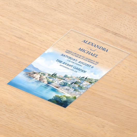 Bestemming Santorini Bruiloft Acryl Uitnodigingen (Laagn)
