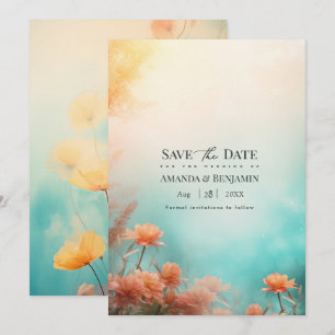 Bestemming Strand Teal Koraal & Zachte Gele Zonson Save The Date