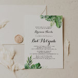 Bestemming Tropisch groen Bat Mitzvah Kaart<br><div class="desc">Deze bestemming tropische groen vleermuis mitswa uitnodiging is perfect voor een eenvoudige vleermuis mitswa. Het ontwerp is voorzien van handbeschilderde waterverf groene palmbladeren en bananenbladeren netjes gerangschikt in prachtige boeketten.</div>