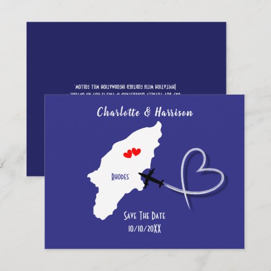 Bestemming Trouwdag Rhodes Griekenland Ticket Save The Date (Voorkant / Achterkant)