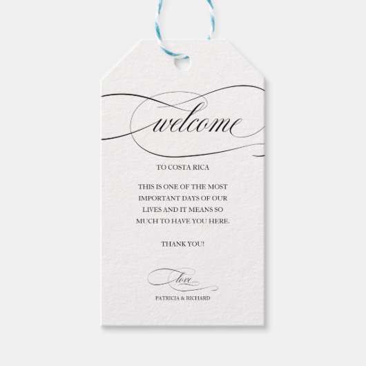 Bestemming Trouwdag Welkom Dank Je Zwarte Script Cadeaulabel (Voorkant)