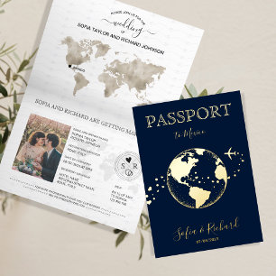 Bestemming Trouwdag Wereldbol Passport Modern Folie Wenskaart