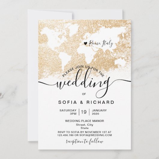 Bestemming Trouwdag Wereldkaart Gouden Uitnodiging (Voorkant)