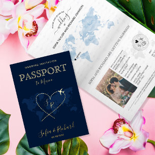 Bestemming Trouwdag Wereldkaart Paspoort Monogram Folie Wenskaart