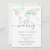 Bestemming Trouwdag Wereldkaart Pastel Uitnodiging (Voorkant)