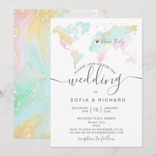 Bestemming Trouwdag Wereldkaart Pastel Uitnodiging (Voorkant / Achterkant)
