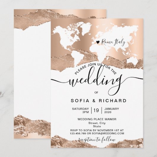 Bestemming Trouwdag Wereldkaart Rose Goud Kaart (Voorkant / Achterkant)
