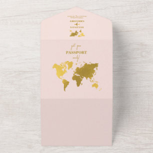 Bestemming Trouwfeest Wereld Paspoort Roze Goud All In One Uitnodiging