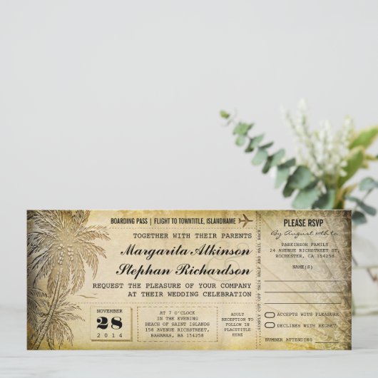 bestemming trouwtickets met RSVP Kaart (Staand voorkant)