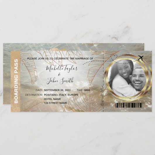 Bestemming Wedding Boarding Pass Beach Palm Tree Kaart (Voorkant / Achterkant)
