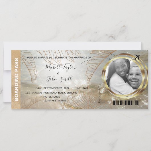 Bestemming Wedding Boarding Pass Beach Palm Tree Kaart (Voorkant)