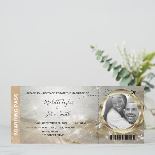 Bestemming Wedding Boarding Pass Tropical Beach Kaart (Staand voorkant)