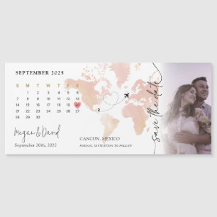 Bestemming Wereldkaart Kalender Hart Foto Bruiloft Magnetische Uitnodiging
