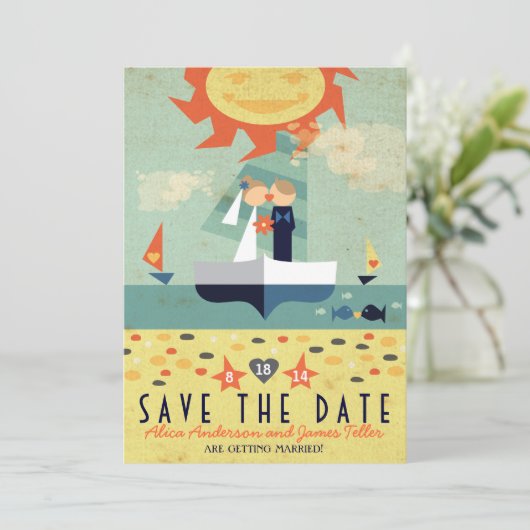 Bestemming zeilboot op strand Save the Date (Staand voorkant)
