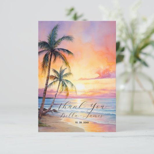 Bestemming Zonsondergang Strand Bruiloft Bedankkaart (Staand voorkant)