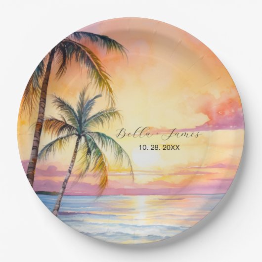 Bestemming Zonsondergang Strand Bruiloft Papieren Bordje (Voorkant)