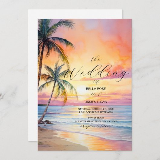 Bestemming Zonsondergang Strand Bruiloft Uitnodigi Kaart (Voorkant / Achterkant)