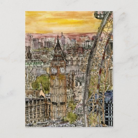 Bestemmingen | Waterverf Big Ben & London Eye Briefkaart (Voorkant)