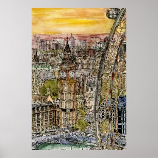 Bestemmingen | Waterverf Big Ben & London Eye Poster (Voorkant)